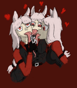 accessory clothing extreme_size_difference female group licking male male/female necktie red_clothing red_eyes red_shirt red_topwear shirt size_difference standing tongue tongue_out topwear vest foxboitanny helltaker cerberus_(helltaker) ronny_(foxboitanny) animal_humanoid canid canid_humanoid canine canine_humanoid humanoid mammal mammal_humanoid murid murine rat rodent wolf_humanoid hi_res