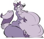 4_fingers anthro belly big_belly biped black_nose bodily_fluids drooling fingers male obese obese_male overweight overweight_male purple_body saliva simple_background sitting solo white_background remmyfox tuttle_twins derek_(tuttle_twins) mammal procyonid raccoon 2025 absurd_res hi_res