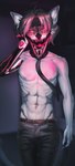 5_fingers abs anthro athletic athletic_anthro athletic_male belly belt biceps black_hair black_nose blurred_background bottomwear claws clothing cybernetic_arm cybernetic_jaw cybernetic_limb cybernetic_neck cybernetics cyberpunk ear_markings eye_markings eyebrows eyewear finger_claws fingers fur glasses grey_bottomwear grey_clothing grey_ear grey_necktie grey_pants hair inner_ear_fluff inside machine male markings navel necktie night nipples pants pink_nipples red_eyes red_eyewear red_glasses red_light simple_background skinny slim slim_anthro slim_male small_waist solo tail tail_tuft teeth tuft white_arms white_belly white_body white_chest white_ear white_fur white_tail evitoom marley_cooper(ripper) domestic_cat felid feline felis mammal absurd_res colored digital_drawing_(artwork) digital_media_(artwork) hi_res portrait shaded