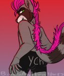 anthro bottomwear boxer_briefs bulge butt clothing green_eyes hair looking_back male mohawk pink_hair solo suggestive_bottomwear suggestive_clothing text text_on_bottomwear text_on_clothing underwear ych_clothing bonesandfeathers ethan_bedlam mammal procyonid raccoon hi_res