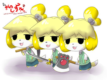 axe battle_axe female group melee_weapon pickaxe square_crossover sword trio weapon dlrowdog animal_crossing nintendo isabelle_(animal_crossing) canid canine canis domestic_dog mammal shih_tzu toy_dog 2016 4:3 absurd_res hi_res