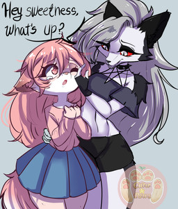 anthro bodily_fluids clothing crying duo ears_back ears_down female hair pink_body pink_hair pivoted_ears talking_to_another tears text cutie_paws hellaverse helluva_boss mythology fur_(theterm) loona_(helluva_boss) canid canid_demon canine demon fox hellhound humanoid mammal mythological_canine mythological_creature english_text hi_res