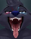 anthro black_body black_fur blue_eyes blue_nose bodily_fluids close-up drooling facial_markings fangs fur half-closed_eyes head_markings head_tuft heterochromia looking_at_viewer male markings mouth_shot narrowed_eyes open_mouth purple_eyes saliva sharp_teeth simple_background solo teeth throat tongue tongue_fetish tongue_out tuft nummynumz umbra_(shinyumbra) canid canine canis mammal wolf 2018 headshot_portrait hi_res portrait signature watermark