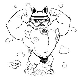 anthro armor armpit_hair balls barazoku barely_contained barely_contained_penis barely_visible_balls barely_visible_genitalia biceps big_arms big_muscles big_pecs body_hair bulge chest_gem chest_tuft clothed clothing countershade_torso countershading fake_ears flexing flexing_bicep flexing_both_biceps fur gem genitals glistening glistening_clothing glistening_gem glistening_underwear gloves_(marking) headgear headgear_only helmet helmet_only huge_muscles huge_pecs humanoid_genitalia humanoid_penis hyper hyper_muscles ineffective_underwear leg_markings looking_at_viewer male manly markings muscular muscular_legs nipples paws pecs penis presenting short socks_(marking) solo speedo speedo_only steam stocky stormtrooper swimwear tail topless tuft underwear visor spooky_dune sega sonic_the_hedgehog_(series) sonic_unleashed star_wars chip_(sonic) canid canine canis chihuahua domestic_dog gaia mammal toy_dog 1:1 absurd_res black_and_white hi_res monochrome signature