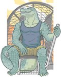 5_fingers 5_toes airboat anthro athletic bottomwear clothing feet fingers hand_on_hip lever looking_at_viewer male muscular open_mouth pants plantigrade shirt sitting sleeveless_shirt solo toes topwear snarkysardine crocodilian reptile scalie 2024 4:5 hi_res