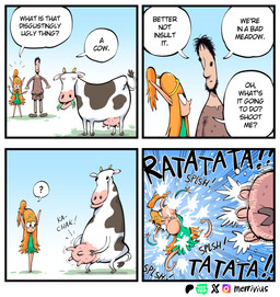 beard big_nose black_beard black_eyes black_facial_hair black_hair clothed clothing crown dress eyelashes facial_hair female green_clothing green_dress hair headgear horn humanoid_pointy_ears humor light_body light_skin long_ears long_hair long_tail male milk orange_hair pointy_ears pointy_nose ponytail speech_bubble tail tan_body tan_skin teats text tiara udders white_body merrivius elf_comic elf_(merrivius) human_(merrivius) bovid bovine cattle elf human mammal comic english_text hi_res