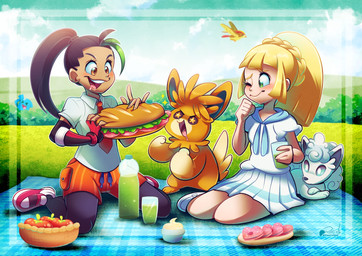 ambiguous_gender anthro apple basket bedding beverage black_hair blanket blonde_hair blush bottomwear braided_hair clothing container day female feral food footwear fruit grass group hair holding_food holding_object holding_sandwich kneeling outside picnic plant sandwich_(food) shoes shorts skirt smile tail white_body vaporotem nintendo pokemon lillie_(pokemon) nemona_(pokemon) generation_1_pokemon generation_2_pokemon generation_9_pokemon human mammal pawmot pidgeot pokemon_(species) vulpix wobbuffet 2025 digital_media_(artwork) hi_res