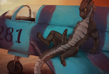 3_toes aircraft airplane black_body black_penis claws countershade_neck countershade_tail countershade_torso countershading cybernetics erection feet feral genitals grin horn looking_at_viewer machine male outside penis plated_scales scales scar sitting smile solo spread_legs spreading stripes sunset tail tapering_tail thumbless toes vehicle yellow_eyes i-psilone mig-21 mythology russian_aircraft_corporation_"mig" thal_verscholen cyborg dragon mythological_creature mythological_scalie scalie 2017