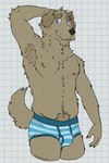 anthro armpit_hair belly biped blue_briefs blue_clothing blue_eyes blue_underwear body_hair briefs briefs_only brown_body brown_claws brown_eyebrows brown_fur brown_nose bulge checkered checkered_background claws clothed clothing ear_piercing eyebrows floppy_ears fur hand_behind_head happy_trail looking_at_viewer male male_anthro multicolored_body multicolored_clothing multicolored_underwear navel neck_tuft nipples orange_nipples partially_clothed partially_clothed_male pattern_background pattern_clothing pattern_underwear piercing pink_inner_ear raised_arm short_tail simple_background slightly_chubby slim smile solo standing striped_clothing striped_underwear stripes tail topless tuft underwear underwear_only white_background white_sclera unsafescapewolf dawntide ranzo_(dawntide) canid canine canis domestic_dog hunting_dog irish_wolfhound mammal sighthound 2024 digital_drawing_(artwork) digital_media_(artwork) hi_res portrait three-quarter_portrait