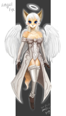 3_toes 5_fingers anthro armwear back_wings biped blush breasts claws clothed clothed_anthro clothed_female clothing detached_sleeves eyelashes feathered_wings feathers feet female female_anthro fingers front_view fur geometric_background hair halo humanoid_hands legwear simple_background solo text thigh_highs toe_claws toes white_clothing wings salihombox angel canid canine fox mammal 2008 4:7 absurd_res chinese_description dated digital_media_(artwork) english_text hi_res