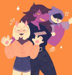anthro belt bottomwear carrying_another clothing exclamation_point eyewear female feminine fur glasses group hair hoodie horn larger_female long_hair looking_at_another male pants purple_body sharp_teeth shirt size_difference smaller_male smile teeth tongue tongue_out topwear trio white_body white_fur jxitrash deltarune undertale_(series) lancer_(deltarune) ralsei susie_(deltarune) bovid bovine caprine darkner goat humanoid mammal reptile scalie 2021 hi_res signature