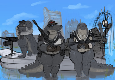 airboat anthro assault_rifle belly big_belly big_breasts big_butt breasts butt clothing eyewear female goggles grey_body grey_scales group gun hat headgear headwear holding_gun holding_object holding_ranged_weapon holding_weapon huge_butt non-mammal_breasts overweight overweight_anthro overweight_female partially_submerged ranged_weapon rifle scales standing_in_water swamp tail thick_tail thick_thighs trio water weapon doctordj alligator alligatorid crocodilian reptile scalie hi_res