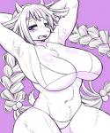 anthro armpit_hair big_breasts body_hair bra breasts chest_tuft cleavage clothed clothing ear_piercing female fluffy fur hair happy_trail long_hair looking_at_viewer navel open_mouth panties piercing purple_eyes simple_background solo standing teeth tongue tuft underwear white_body white_fur wide_hips nzuuure bovid caprine goat mammal hi_res monochrome