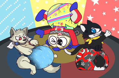 anthro clean_diaper clothed clothing diaper diaper_over_clothing feral group male tail trio wearing_diaper hyper_rexy atlus megami_tensei persona_(series) persona_3 persona_4 persona_5 sega koromaru morgana_(persona) teddie_(persona) bear canid canine canis domestic_cat domestic_dog felid feline felis mammal digital_media_(artwork) hi_res
