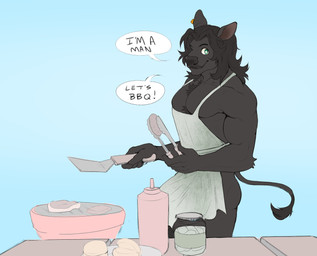 5_fingers anthro apron apron_only barbecue barbecue_grill beef black_body black_fur black_hair blue_background butt clothing cooking dialogue ear_piercing ear_tag fingers food fur green_eyes grill grilling hair humanoid_hands ketchup ketchup_bottle looking_at_viewer male male_anthro meat muscular muscular_anthro muscular_male piercing simple_background smile smiling_at_viewer solo steak tail talking_to_viewer text tongs tools bartlebyjones bull_(giegues) bovid bovine cattle mammal 2020 colored digital_drawing_(artwork) digital_media_(artwork) english_text hi_res