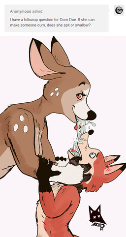 anthro ask_blog blue_eyes bodily_fluids bully bullying cum cum_in_mouth cum_inside dominant dominant_female duo female genital_fluids hooves looking_at_viewer male male/female red_eyes simple_background snowballing text user_avatar white_background newd tumblr anon dearest_deer sub_fox canid canine deer fox mammal english_text