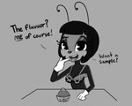 antennae_(anatomy) anthro black_hair bra breasts cleavage clothed clothing dessert dialogue female food gloves hair half-closed_eyes handwear ice_cream looking_at_viewer narrowed_eyes open_mouth pie_cut_eyes solo teeth text tongue tongue_out underwear tjpones if_(2024) paramount_pictures blossom_(if) arthropod insect 2024 absurd_res english_text greyscale hi_res monochrome