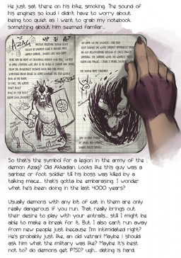 book horn melee_weapon shield sickle sword text weapon bleats aiden_(bleats) demon comic english_text hi_res