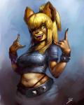 anthro belt blonde_hair breasts clothing devil_horns_(gesture) double_devil_horns_(gesture) facial_piercing female front_view gesture green_eyes hair hand_gesture lip_piercing metal midriff navel one_eye_closed piercing shirt solo teeth text text_on_clothing text_on_shirt text_on_topwear tongue tongue_out topwear wink wristband blindrat heavy_metal megadeth thrash_metal lucy_lahm canid canine canis domestic_dog mammal 4:5 digital_media_(artwork) digital_painting_(artwork) half-length_portrait portrait signature