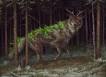 2021 ambiguous_gender brown_body brown_fur canid canine canis caraid detailed_background digital_media_(artwork) feral forest fur grass green_body green_fur hasbro hybrid magic:_the_gathering mammal night official_art outside plant solo tree wizards_of_the_coast wolf