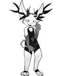 3_toes 4_fingers anthro antlers biped black_antlers black_claws black_clothing blush bulge claws clothed clothing feet femboy fingers fur horn latex long_ears looking_down male open_mouth simple_background solo standing teeth toes torn_clothing white_background white_body white_fur zerauskii verum_(character) jackalope lagomorph mammal 4:5 hi_res monochrome