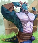 abs anthro arm_wraps belt biceps blue_body blue_eyes brown_clothing bulge claws clothed clothing flexing grass grin horn looking_at_viewer male muscular muscular_anthro muscular_male obliques pecs plant scales smile solo spikes spikes_(anatomy) tail topless triceps wraps niku405 activision mythology spyro_reignited_trilogy spyro_the_dragon bubba_(spyro) rescued_dragons_(spyro) dragon mythological_creature mythological_scalie scalie