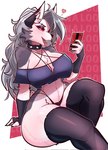 anthro biped breasts cleavage clothed clothing collar electronics female fingers fur gloves grey_hair hair handwear holding_object holding_phone legwear phone pupils red_sclera solo teeth thick_thighs thigh_highs tongue tongue_out underwear white_body white_eyes white_fur juppi helluva_boss mythology loona_(helluva_boss) canid canid_demon canine demon hellhound mammal mythological_canine mythological_creature hi_res