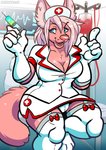 anthro big_breasts blue_eyes bow_(feature) breasts camel_toe canid canine cleavage clothed clothing female fur garter_straps hi_res legwear mammal muttasaur nurse panties pink_body pink_fur solo syringe thigh_highs underwear upskirt vyxsin wide_hips