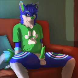 animal_genitalia animal_penis balls blue_body blue_ear_tips blue_eyes blue_hair canine_genitalia canine_penis claws clothing dipstick_ears dipstick_tail ear_markings erection eyewear fur furniture genitals glasses green_claws green_clothing green_inner_ear_fluff green_nose green_shirt green_topwear grey_hands grey_tail_tip hair inner_ear_fluff knot male markings multicolored_body multicolored_ears multicolored_fur multicolored_tail on_sofa penis sheath shirt sitting sitting_on_sofa sofa solo tail tail_markings topwear tuft wearing_glasses red_the_kitsune riggy_folf canid canine canis fox hybrid mammal wolf 1:1 2026 absurd_res digital_media_(artwork) hi_res portrait shaded three-quarter_portrait watermark