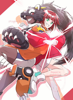 bottomwear claws clothing dark_body dark_skin duo female grin hair pawpads paws raccoon_tail_hair red_eyes red_hair shorts smile 7thglow_ir bandai_namco digimon digimon_beatbreak reina_sakuya bearcatmon binturong_humanoid digimon_(species) human humanoid mammal hi_res