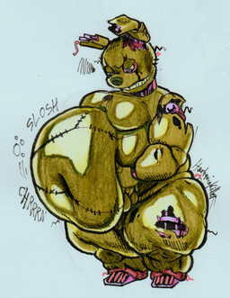 annoyed anthro belly big_belly glistening glistening_body holding_belly implied_weight_gain machine male moobs overweight overweight_male solo sound_effects stitch_(sewing) wire yellow_body harlequinkiller five_nights_at_freddy's five_nights_at_freddy's_3 scottgames springtrap_(fnaf) animatronic humanoid lagomorph leporid mammal rabbit robot undead absurd_res hi_res traditional_media_(artwork)