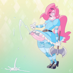 axe bodily_fluids bulge clothed clothing crossdressing cum cumshot double_bitted_axe ejaculation erection femboy foreskin genital_fluids genitals male melee_weapon not_furry orgasm penis pink_penis smile solo weapon naughtyjester mrs.mayhem humanoid 2016