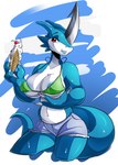 anthro areola big_breasts breasts cleavage clothed clothing countershading dessert female food ice_cream solo suddenhack bandai_namco digimon digimon_(species) exveemon 2016 absurd_res hi_res