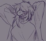 anthro breasts clothed clothed_anthro clothed_female clothing female female_anthro freckled_face freckles hair hair_over_eyes long_hair long_sleeves non-mammal_breasts sharp_teeth shirt simple_background smile solo teeth topwear snoozysoozyy deltarune undertale_(series) susie_(deltarune) dinosaur monster prehistoric_species reptile scalie 2024 bust_portrait digital_drawing_(artwork) digital_media_(artwork) portrait sketch