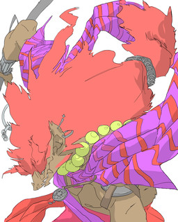 anthro big_hair brown_body brown_ears brown_fur clothing ear_piercing ear_ring fur hair holding_object holding_weapon jewelry male male_anthro multicolored_scarf necklace pattern_clothing pattern_scarf piercing pink_hair purple_scarf ring_piercing scarf simple_background solo striped_clothing striped_scarf stripes two_tone_scarf weapon white_background really_vile unknown_species 4:5 half-length_portrait portrait