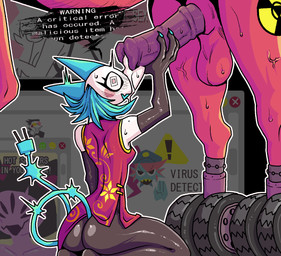 anthro anthro_on_feral asian_clothing balls bestiality blue_hair blush bodily_fluids breasts butt chinese_clothing clothed clothing corruption cum cum_on_face duo east_asian_clothing female female_on_feral feral genital_fluids genitals hair interspecies kneeling machine male male/female markings mole_(marking) penis penis_on_face tail text wheel ponporio deltarune undertale_(series) tasque_manager darkner equid equine felid feline horse mammal robot digital_media_(artwork) english_text hi_res