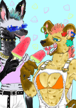 abs alternative_fashion anthro bikini blue_eyes breasts chain cleavage clothed clothing collar duo ear_piercing ear_ring eyewear facial_piercing female food fruit fur hair jewelry licking markings melon necklace nose_piercing nose_ring open_mouth piercing plant popsicle ring_piercing simple_background spiked_collar spikes spots swimwear teeth tongue tongue_out tongue_piercing topwear two-piece_swimsuit watermelon watermelon_popsicle watermelon_slice kyokyota mihana_(kyokyota) quito_(kyokyota) hyena mammal spotted_hyena striped_hyena 2020 absurd_res hi_res