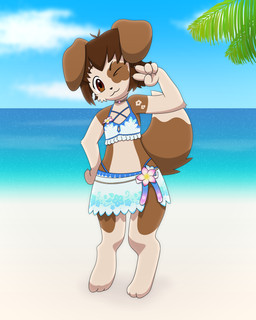 anthro bare_shoulders beach bikini bikini_bottom bikini_bralette bikini_top biped blue_bikini blue_clothing blue_swimwear brown_body brown_eyes brown_fur brown_hair cheek_tuft choker clothing cloud dipstick_tail facial_tuft femboy floral_bikini fur gesture gloves_(marking) hair hand_gesture hand_on_hip head_tilt jewelry leg_markings male markings necklace outside palm_tree paws plant sarong sea side_slit side_slit_clothing side_slit_skirt smile socks_(marking) solo standing swimwear tail tail_markings tan_body tan_fur tree tuft two-piece_swimsuit v_sign water wings ponponthedreambunny sunny_(sunnyeggsdee) canid canine canis domestic_dog mammal 2025 4:5 absurd_res digital_drawing_(artwork) digital_media_(artwork) hi_res