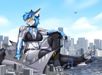 anthro armwear bra breasts city claws clothing destruction ear_piercing elbow_gloves female fingerless_gloves furgonomics furry-specific_piercing gloves hair handwear leggings legwear looking_at_viewer macro piercing smile solo tail tail_piercing toe_claws underwear gasmaskfox vtuber nikki_(pogonip) fish marine shark 2022 digital_media_(artwork) hi_res