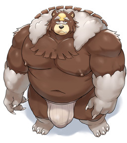anthro asian_clothing barazoku belly biceps big_belly big_bulge bird's-eye_view brown_body bulge claws clothed clothing deep_navel east_asian_clothing finger_claws fundoshi fundoshi_only high-angle_view japanese_clothing looking_at_viewer male moobs mostly_nude_male musclegut muscular muscular_male navel nipples overweight overweight_anthro overweight_male simple_background solo toe_claws topless underwear underwear_only white_background o-ro nintendo pokemon generation_8_pokemon pokemon_(species) ursaluna hi_res