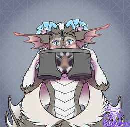 anthro blue_eyes blush clothing fur hair holding_clothing holding_object holding_panties holding_underwear horn looking_at_viewer male panties simple_background solo underwear wings rinkamo mythology panties_trend dragon mythological_creature mythological_scalie scalie 2025 digital_media_(artwork) hi_res signature