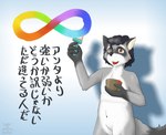 2022 4_fingers anthro autism autism_acceptance_month autism_symbol black_hair black_nose brush digital_media_(artwork) featureless_crotch fingers fur gloves_(marking) grey_body grey_fur hair holding_object infinity_symbol japanese_text joule_(soranotamashii) male mammal markings neurodiversity_pride_symbol nonbinary_(lore) nude open_mouth paintbrush procyonid raccoon solo soranotamashii symbol text translated white_body white_fur yellow_eyes