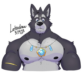 anthro barazoku black_nipples black_nose blue_eyes blue_gem clothed clothing countershading facial_piercing fur gem gold_(metal) gold_jewelry grey_body grey_fur jewelry labret_piercing lip_piercing male multicolored_body multicolored_fur musclegut muscular muscular_male necklace nipples pecs piercing simple_background solo text topless topless_male two_tone_body two_tone_fur white_body white_fur letsudraw adastra adastra_(series) echo_project amicus_(adastra) canid canine canis mammal wolf 2023 artist_name dated digital_drawing_(artwork) digital_media_(artwork) english_text hi_res portrait signature