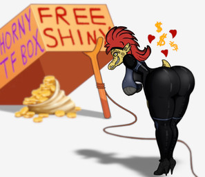 anthro bag big_breasts big_butt bodysuit box_trap breasts butt butt_focus clothing coin currency_symbol dollar_sign eyelashes feet female footwear gold_(metal) gold_coin grin hanging_breasts heart_symbol high_heels huge_breasts humanoid_feet leaning leaning_forward long_eyelashes non-mammal_breasts plantigrade scales shoes short_tail simple_background skinsuit smile solo symbol tail tan_body tan_scales text tight_clothing trap_(contrivance) wide_hips yellow_eyes beyra_kusovai_(artist) halo_(series) microsoft xbox_game_studios vonna_yar alien kig-yar ruuhtian scalie colored english_text