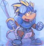 anthro blush clean_diaper clothed clothing diaper eyewear goggles knight male melee_weapon poofy solo sword warrior weapon wearing_diaper overflo207 konami rocket_knight_adventures sparkster american_opossum mammal marsupial absurd_res hi_res