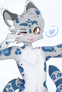 anthro blue_body blush brown_eyes chest_tuft fur gesture grey_body grey_fur hand_gesture looking_at_viewer male navel nude one_eye_closed simple_background smile solo tail tongue tongue_out tuft v_sign fang5 lucky_(luckydude) felid mammal pantherine snow_leopard 2024 digital_media_(artwork) half-length_portrait hi_res portrait