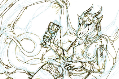 anthro breasts clothing container cup dragon_tail dragon_wings dress ear_piercing female goblet horn horn_jewelry horn_ring jewelry liquid membrane_(anatomy) membranous_wings necklace nipples non-mammal_breasts non-mammal_nipples piercing ring_(jewelry) simple_background solo tail translucent translucent_clothing wings mab mythology aleshia_(bahumot) dragon mythological_creature mythological_scalie scalie 3:2 guide_lines sketch
