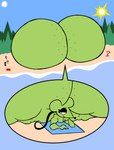 anthro beach beach_towel beach_umbrella bedroom_eyes big_butt black_eyelids black_nose black_tail bottom_heavy bubble_butt butt butt_expansion curvy_figure expansion eyelashes femboy freckled_butt freckled_face freckled_shoulders freckles fur green_body green_fur huge_butt hyper hyper_butt interrobang logo looking_back lying male narrowed_eyes on_front parasol seductive silhouette smile solo spread_legs spreading sun tail text thick_thighs towel thatdawgmurray randal_(rexon02) mammal mouse murid murine rodent artist_logo artist_name hi_res signature