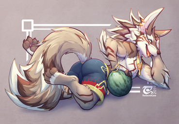 4_toes anthro bulge claws clothed clothing countershading feet food fruit fur hair jewelry looking_at_viewer male melon necklace open_mouth pawpads paws plant smile soles solo tail toe_claws toes topless watermelon thesecretcave lifewonders tokyo_afterschool_summoners seth_(tas) canid canine canis jackal mammal digital_media_(artwork)