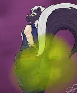 anthro big_butt breasts butt clothed clothing fart fart_cloud fart_fetish farting_at_viewer female fully_clothed green_eyes hair looking_at_viewer looking_back solo standing tail tongue tongue_out whip white_hair valerienn chickenhare_and_the_hamster_of_darkness n_wave_pictures meg_(chickenhare) mammal mephitid skunk 2026 5:6 hi_res signature